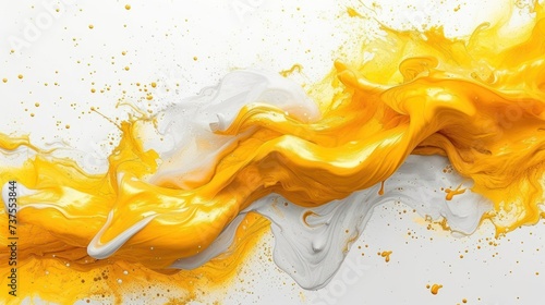 a yellow and white paint swirls on a white and white surface with yellow and white paint splatters.