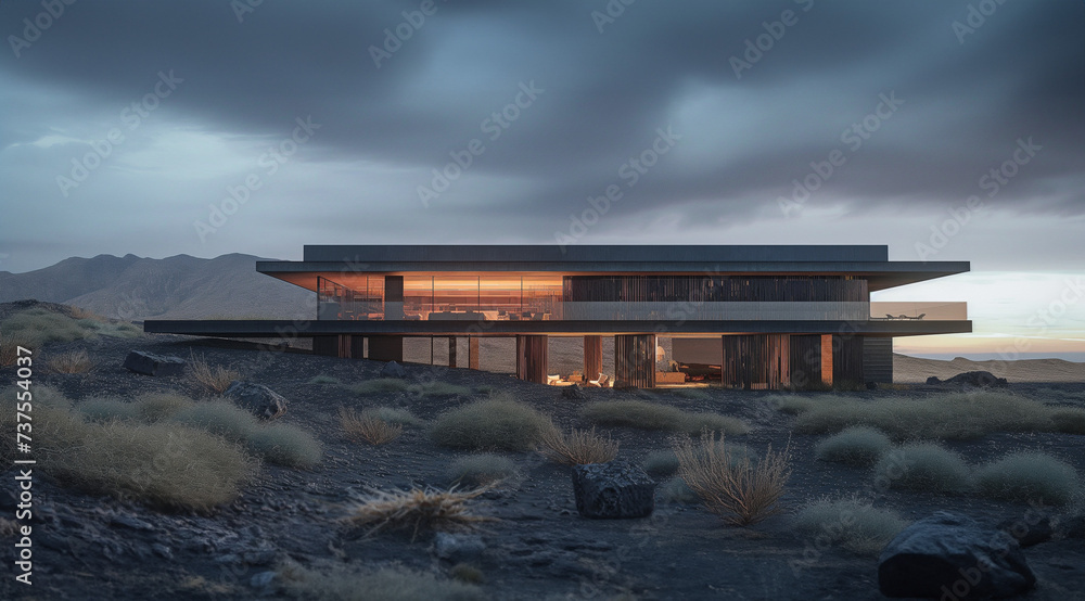 modern house in the desert with a large rocky desert