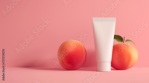 mockup d'un tube de crème pour un soin à base de pêche avec deux fruits à côté - fond rose photo