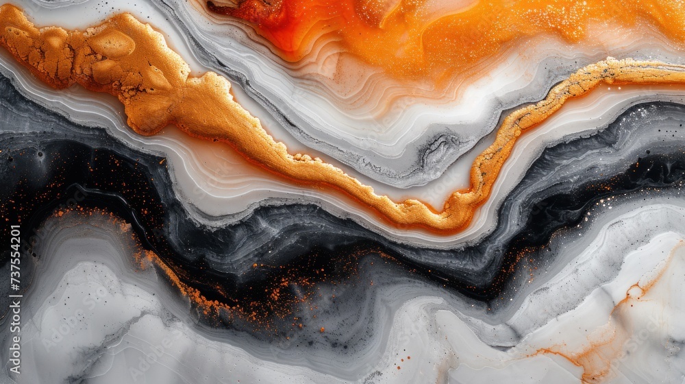 a close up of a black, orange, and white marble with a gold line in the middle of it. - obrazy, fototapety, plakaty 
