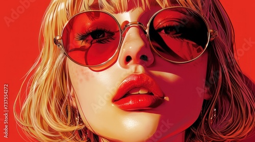 a painting of a woman with red glasses on her face and red lipstick on her lips  with the image of a woman s face partially obscured by a pair of glasses.