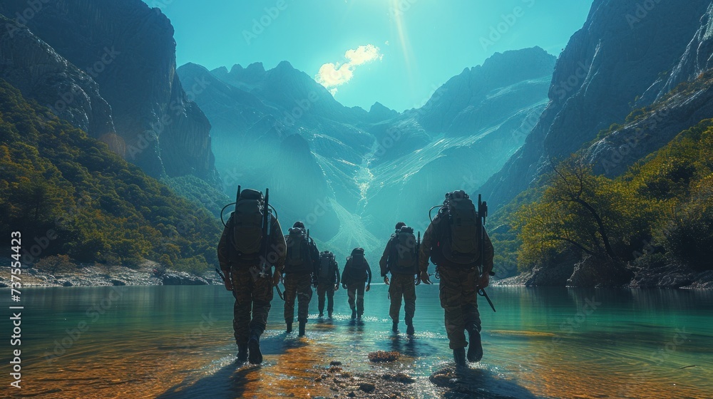 a group of people with backpacks walking along a river in a mountainous area with a mountain range in the background. - obrazy, fototapety, plakaty 
