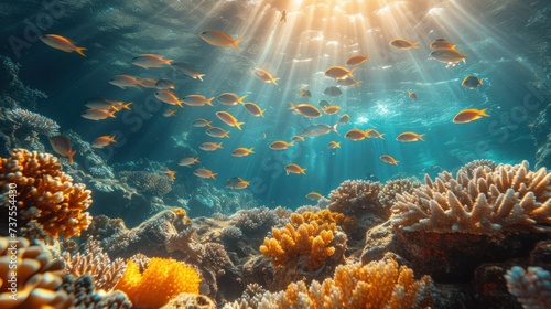 an underwater view of a coral reef with many small fish swimming in the water and sunlight streaming through the water. © Shanti