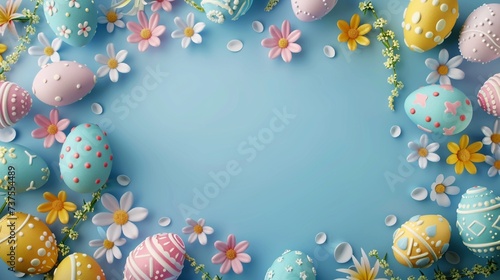 Easter eggs on blue background. Art frame border decoration ornament