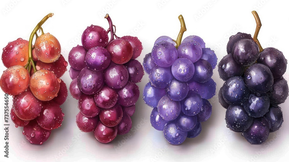 a bunch of grapes sitting next to each other on top of a white surface with drops of water on them. a bunch of grapes sitting next to each other on top of a white surface with drops of water on them.