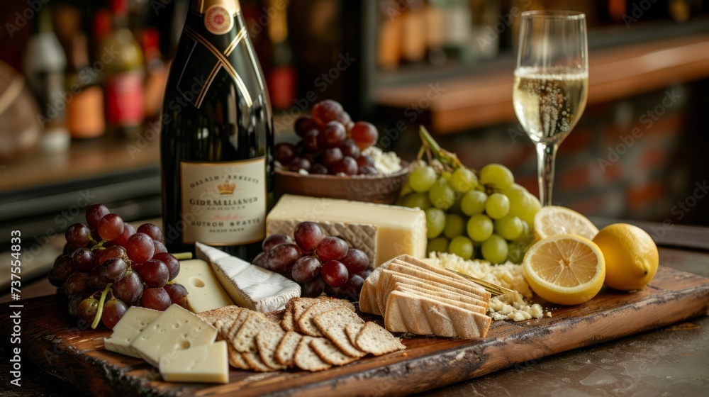 cheese board, with white and gouda cheese, grapes and lemon with bottle of champagne generative ai cheese board, with white and gouda cheese, grapes and lemon with bottle of champagne generative ai