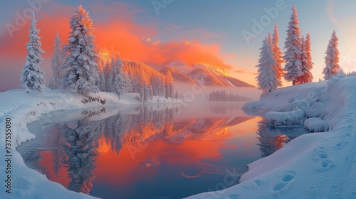 a lake surrounded by snow covered trees and surrounded by snow covered mountains with a red and orange sunset in the background. © Shanti