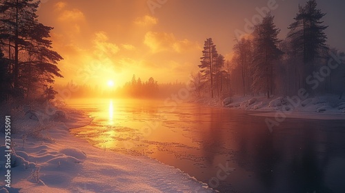the sun is setting over a body of water with snow on the ground and trees on the other side of the water.