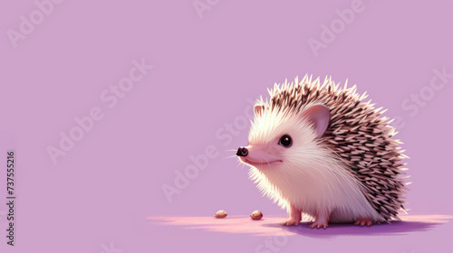 a small hedge sitting on top of a purple floor next to a pile of nuts on a purple surface with a pink background.