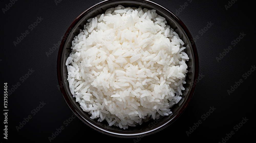 Bowl with boiled rice on dark background, top view. Space for text Bowl with boiled rice on dark background, top view. Space for text