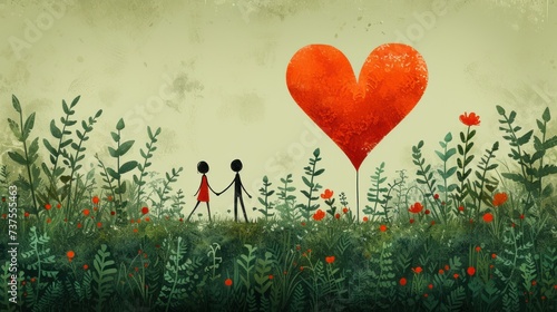 a painting of two people holding hands in a field with a heart shaped object in the middle of the picture.