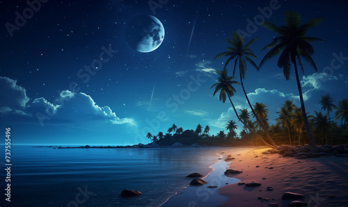 Tropical beach at night, panoramic view with moon and stars on the sky, generated by AI