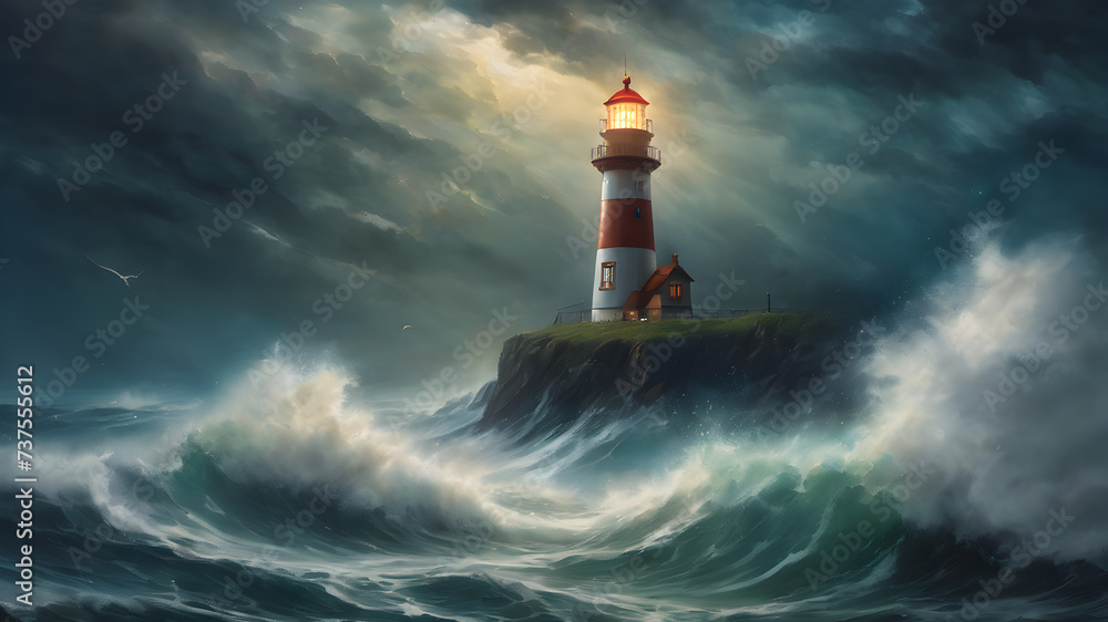 lighthouse amidst a turbulent sea with billowing waves and gale-force winds
