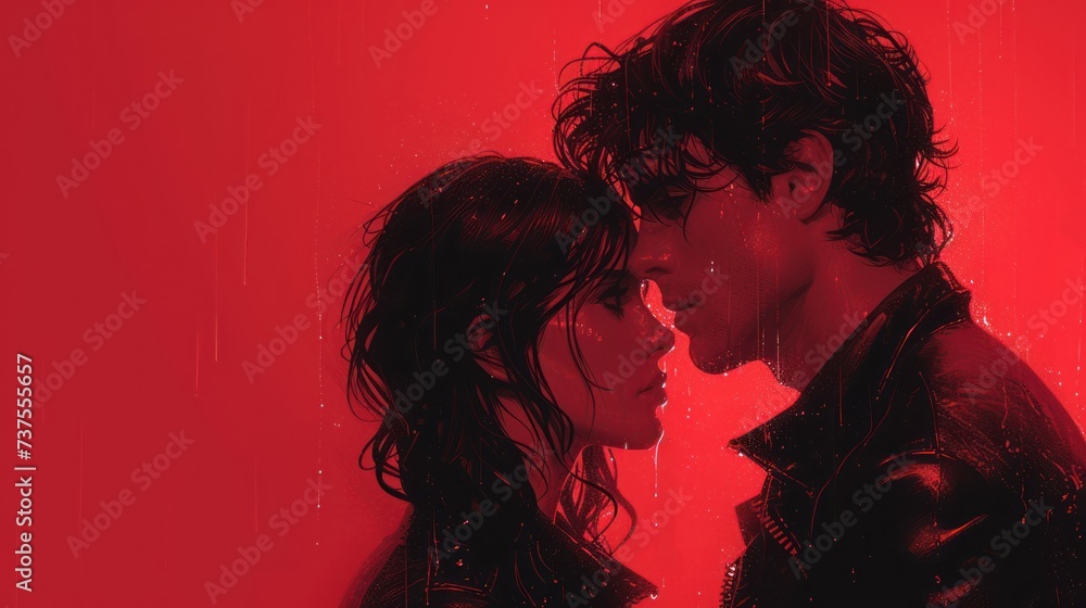 a man and a woman standing next to each other in front of a red background with rain falling on them. a man and a woman standing next to each other in front of a red background with rain falling on them.
