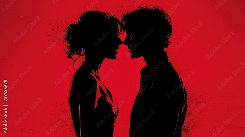 two silhouettes of a man and a woman facing each other in front of a red background with a spray paint effect.