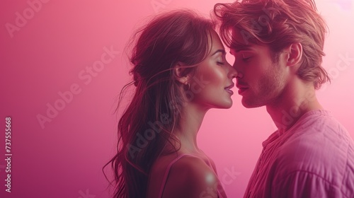 a man and a woman are kissing in front of a pink background with the woman s hair blowing in the wind.