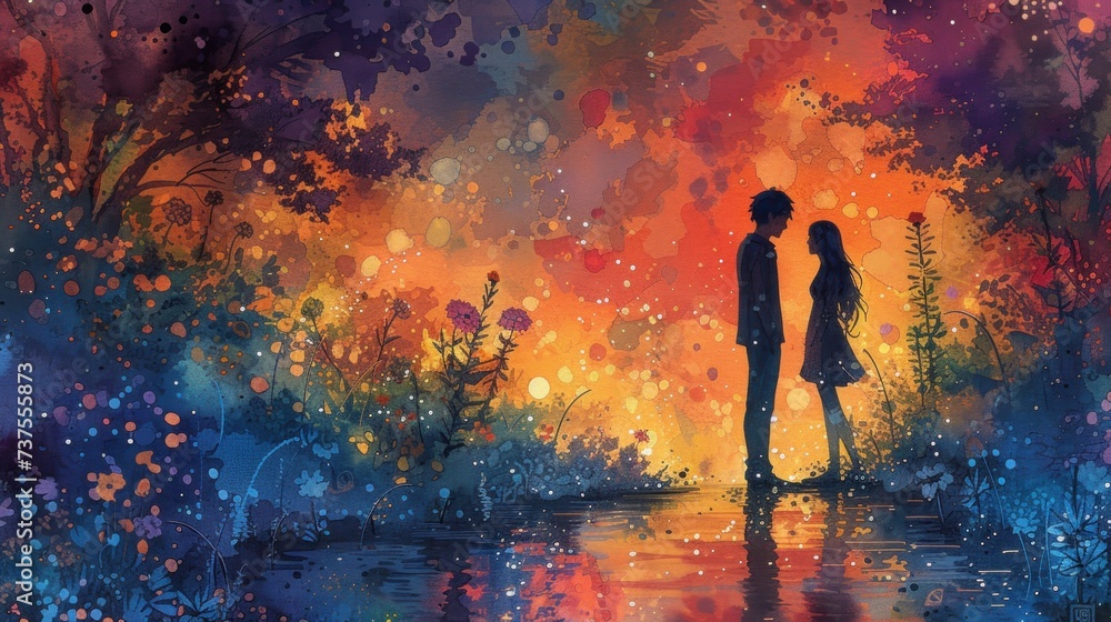 a painting of two people standing next to each other near a body of water with a colorful sky in the background.