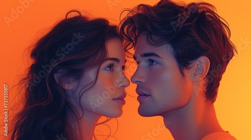 a man and a woman standing next to each other looking into each other's eyes in front of an orange background.