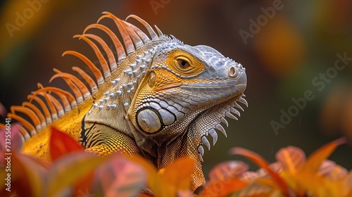 a close up of an iguana on a plant with orange flowers in the foreground and a blurry background.