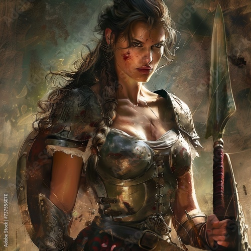 Fantastic warrior girl in armor with a spear