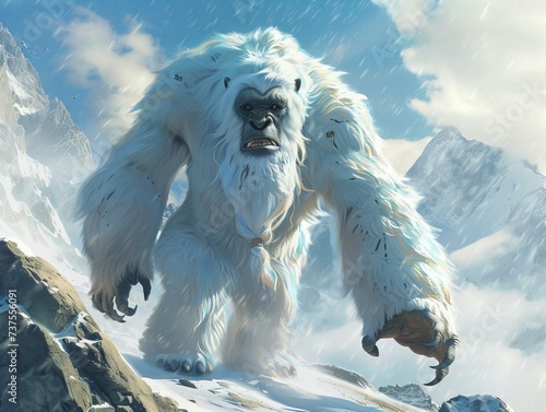himalayan scary snow creature yeti walking in snowy mountains