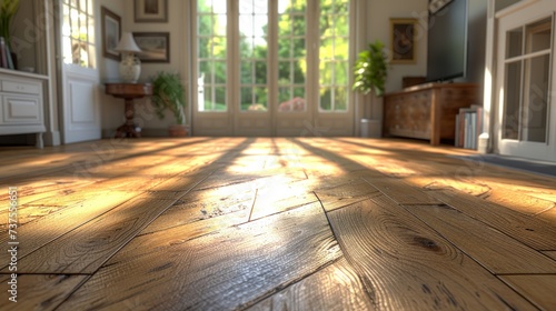 a room with a wooden floor and a large window with a view of the outside of the room and the outside of the room.