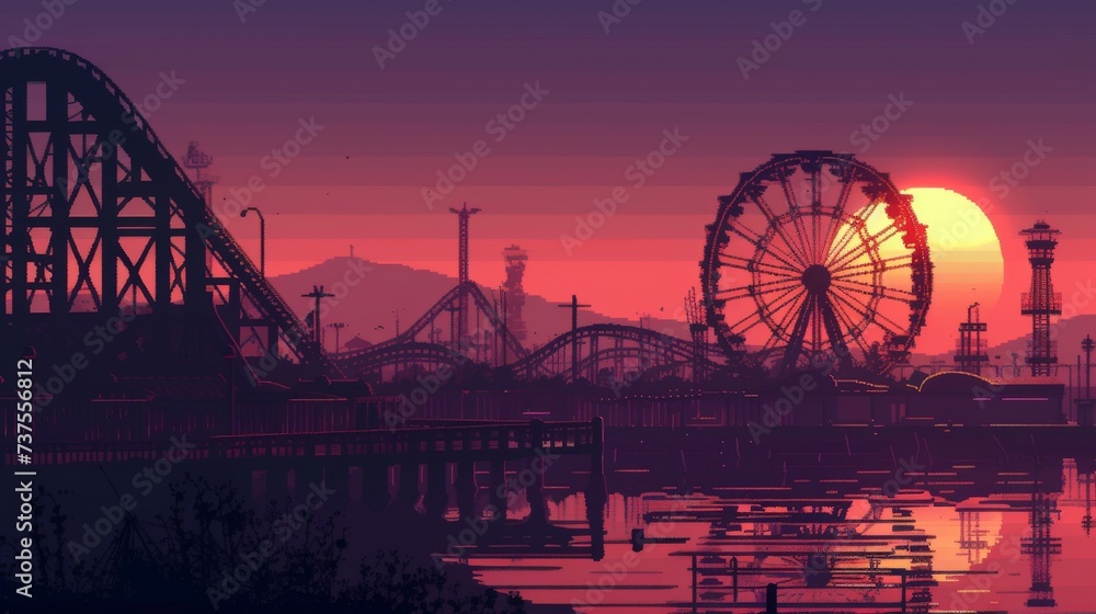 A breathtaking view of the sun setting over a vibrant water park, as the ferris wheel and amusement rides create a whimsical atmosphere for tourists to enjoy the outdoor sky