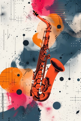 A vibrant saxophone stands out against a textured canvas, its notes painted in elegant text, a harmonious fusion of music and art