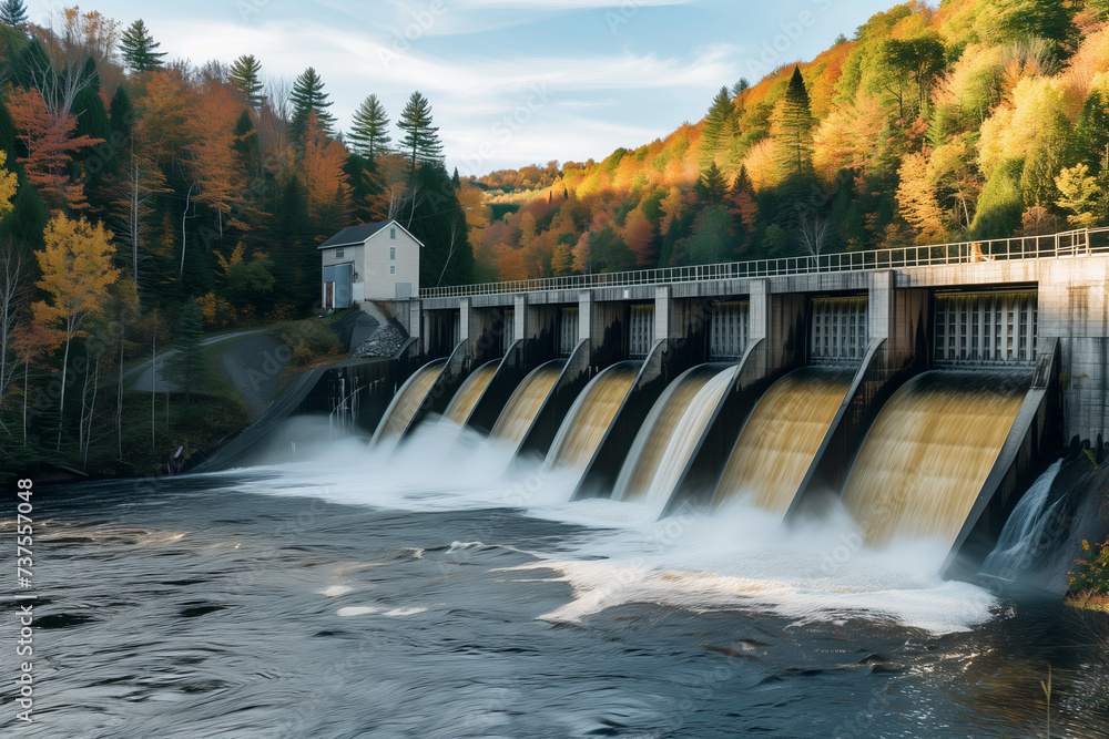 Autumnal Hydroelectric Dam Amidst Vibrant Foliage
