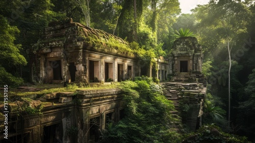 A majestic temple engulfed by a thriving jungle, its walls covered in lush green vegetation, creating a breathtaking landscape for adventurous travelers