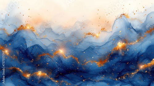 a painting of blue and gold swirls on a white and blue background with gold sparkles in the air.