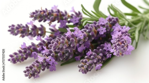 a bunch of lavender flowers laying next to each other on a white surface with green stems in the foreground.