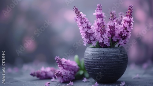 a vase filled with purple flowers sitting on top of a table next to a bunch of purple flowers on top of a table.