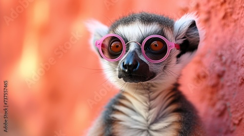 a close up of a small animal with pink glasses on it's face and a brick wall in the background.