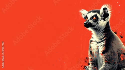a close up of a lemura on a red background with a black and white image of a lemura.