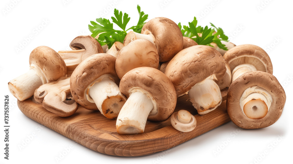 A fresh champignon mushroom isolated on a white background. The image features a single, whole, uncooked champignon on a rustic wooden board with herbs. A fresh champignon mushroom isolated on a white background. The image features a single, whole, uncooked champignon on a rustic wooden board with herbs.