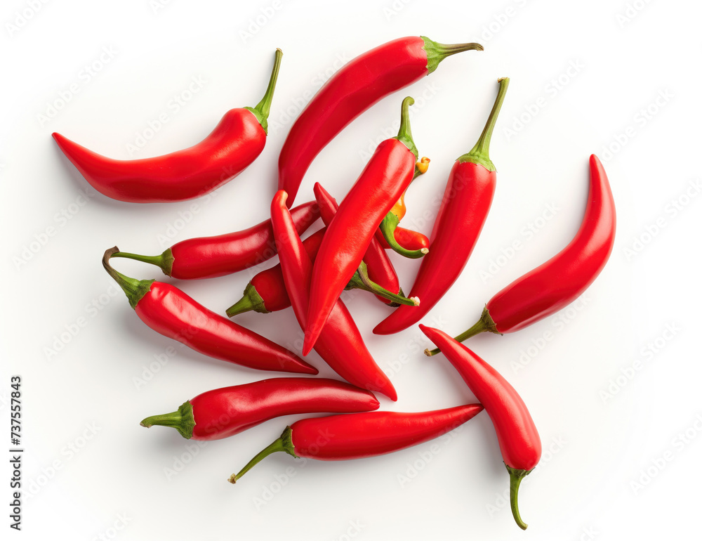 A top view of fresh, red, hot chilli peppers. These peppers are isolated on a white background. They are a key ingredient in many cuisines and are known for their pungent flavor.