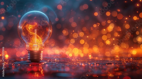 a glowing light bulb sitting on top of a table next to a blue and red blurry wall of lights.