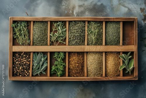 This image showcases an assortment of fresh and dried herbs and spices. They are neatly organized in wooden compartments, ready for culinary use