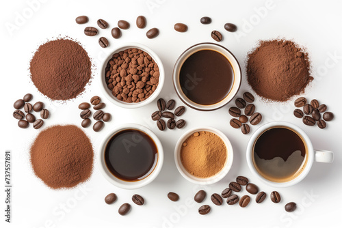 A captivating display of coffee in various forms including brewed cups, beans, and ground, artistically arranged on a white background.