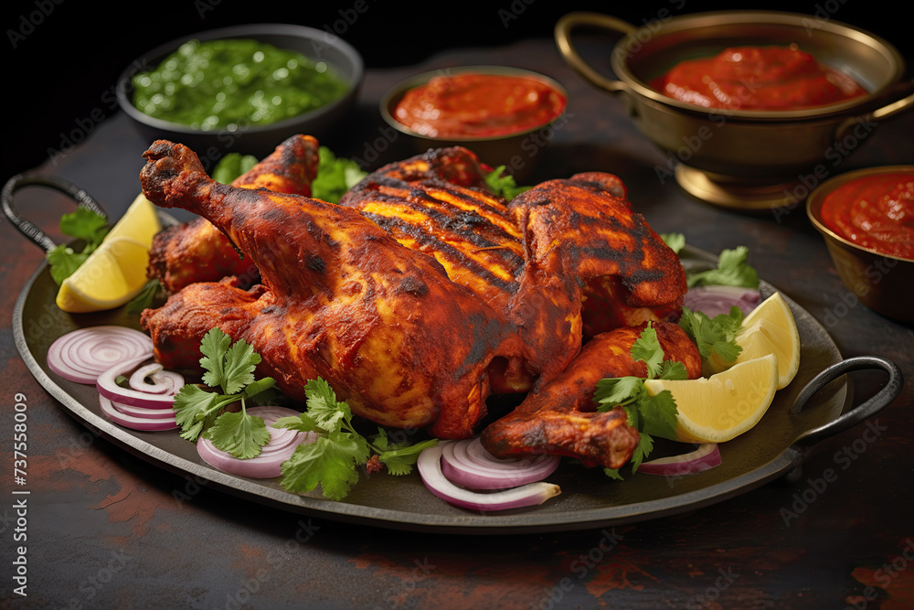 Indian Tandoori Chicken with Lime and Spices on Rustic Wooden Surface. Delicious, mouthwatering, and aromatic Indian cuisine. Indian Tandoori Chicken with Lime and Spices on Rustic Wooden Surface. Delicious, mouthwatering, and aromatic Indian cuisine.