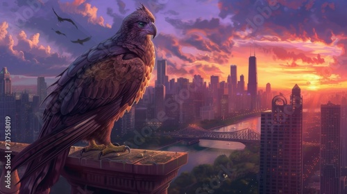 As the sky turns from vibrant oranges to deep purples, a majestic eagle perches on a ledge, surveying the bustling cityscape below photo