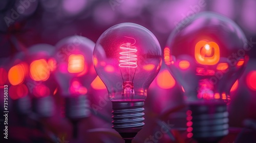 a group of light bulbs sitting next to each other on top of a field of red and pink light bulbs.