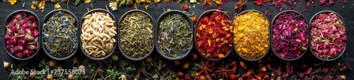 Top view background with dried tea herbs photo