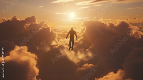 As the sun sets behind a sea of clouds, a solitary man stands atop the vast expanse of the sky, a symbol of freedom and boundless possibility
