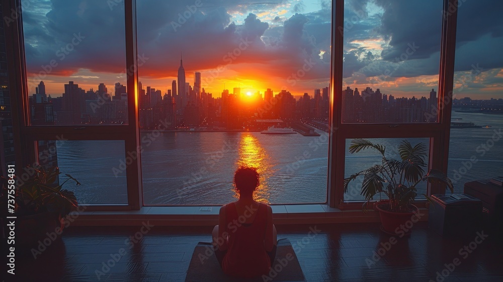 a person sitting on a yoga mat in front of a window with a view of a large city at sunset.