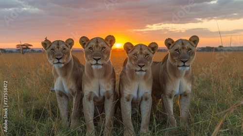 a group of three lions standing next to each other on a lush green field with a sunset in the background.