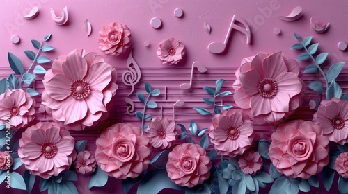 a painting of pink flowers on a pink background with music notes on the left side of the wall and music notes on the right side of the wall.