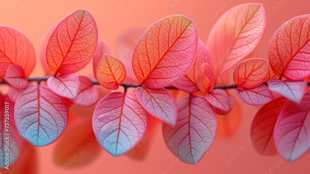 a close up of a bunch of leaves on a branch with a red and blue color scheme in the background. a close up of a bunch of leaves on a branch with a red and blue color scheme in the background.