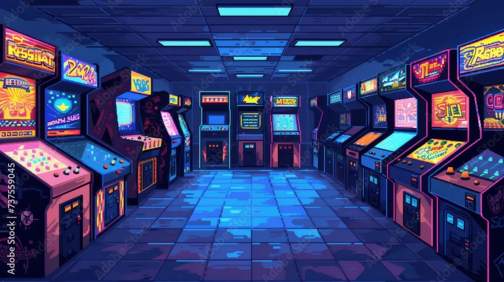 Step into a retro wonderland of flashing lights and buzzing sounds as you immerse yourself in a video game room filled with classic arcade machines and slot games